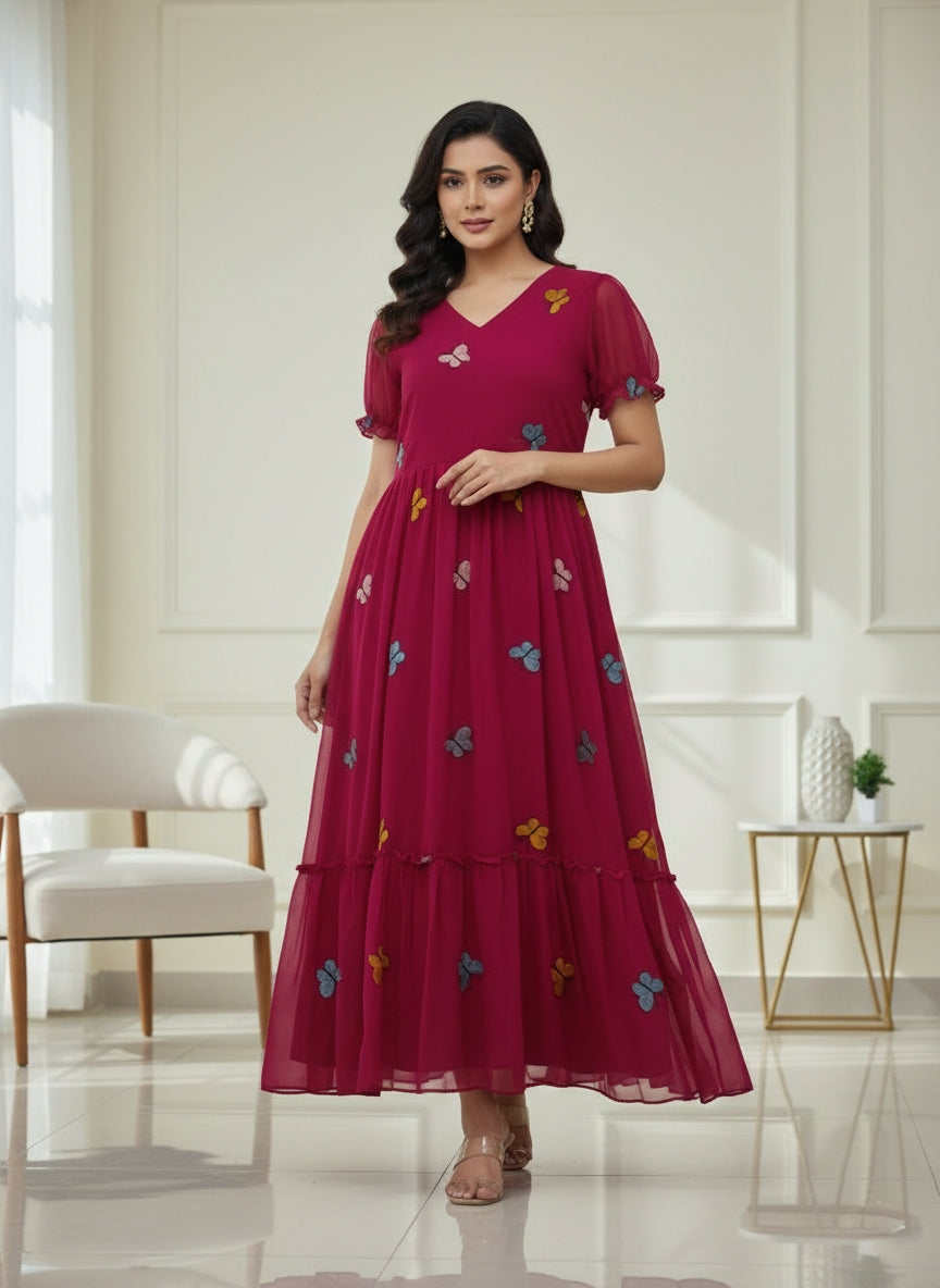 Women’s Rani Pink Designer Butterfly Midi Dress - Western Wear - front view | Villows DTrendz