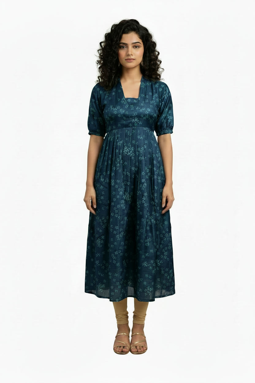 Women’s Peacock Blue Designer Frock - Western Wear - front view | Villows DTrendz