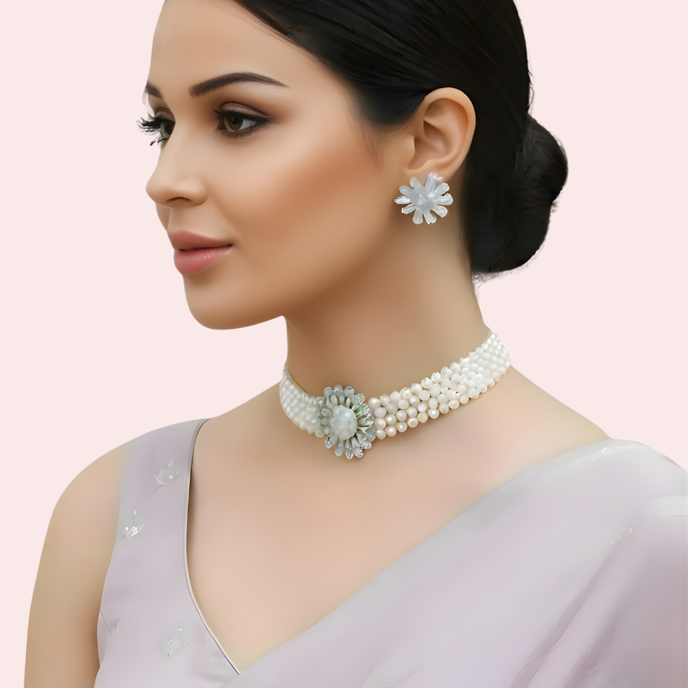 Women's White Pearl Necklace, Charming White Necklace Set - Apparel - front view | Snazzyway