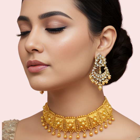 Women's Gold Kundan-Style Necklace, Charming Gold Necklace Set - Apparel - front view | Snazzyway