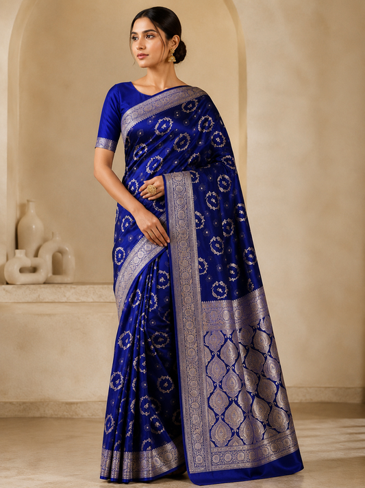 Blue Mashru Silk Zari Work Designer Banarasi Saree - front view | Weave365