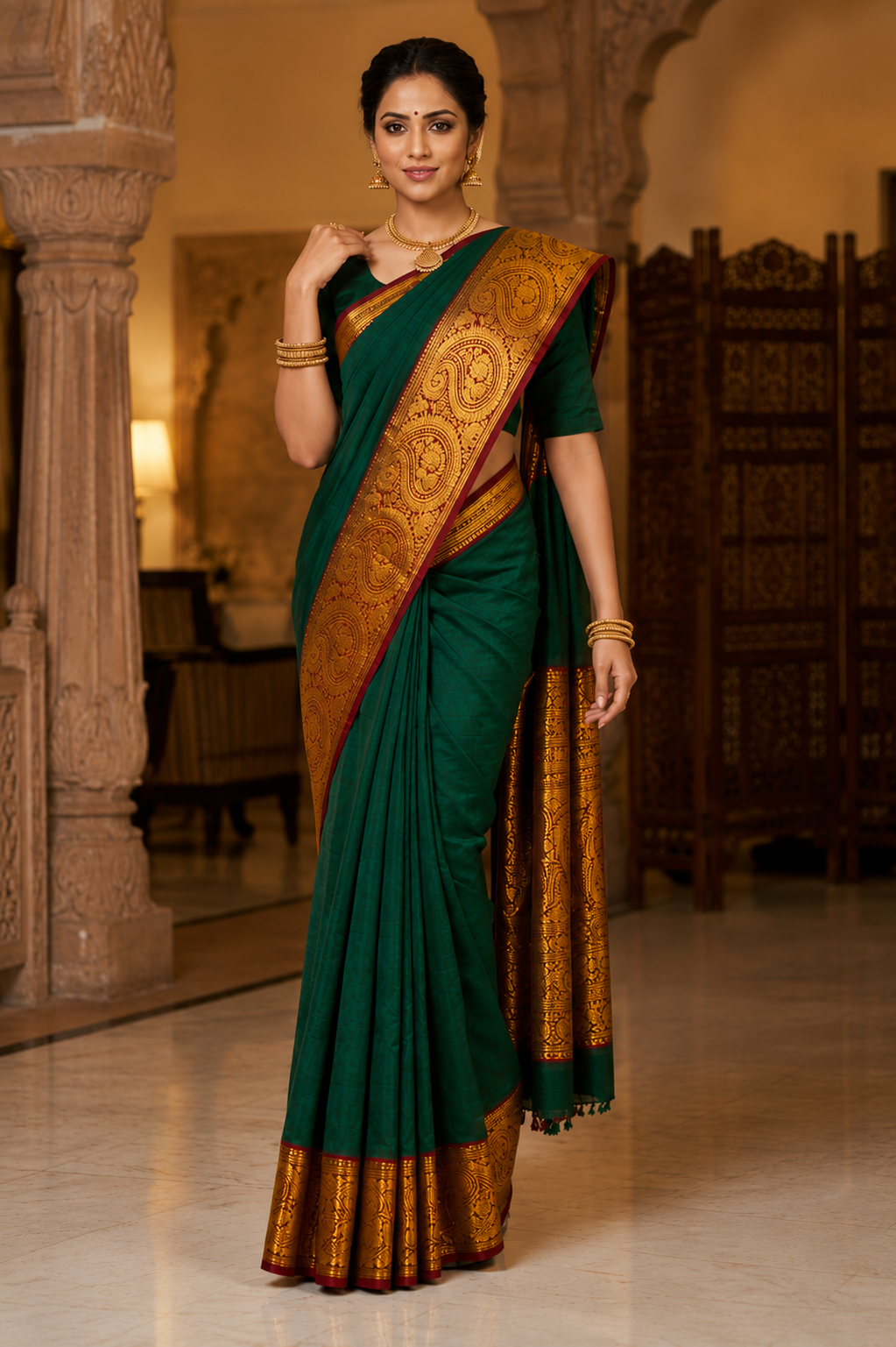 Bottle Green Narayanpet Cotton Saree – Gold Zari Ruby Red Border - Indian Ethnic Wear - close-up detail view | Chindak Textiles