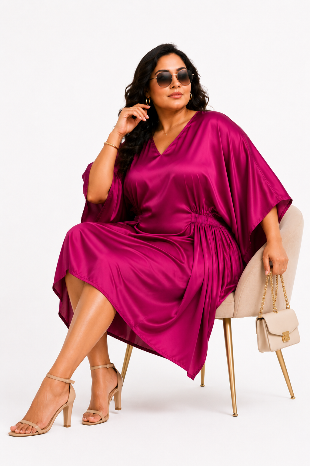 Women’s Rani Pink Colour Short Kaftan Midi Dress - Western Wear - close-up detail view | Qikink
