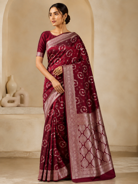 Maroon Mashru Silk Zari Work Designer Banarasi Saree - front view | Weave365