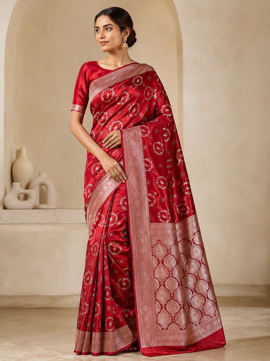 Red Mashru Silk Zari Work Designer Banarasi Saree - front view | Weave365