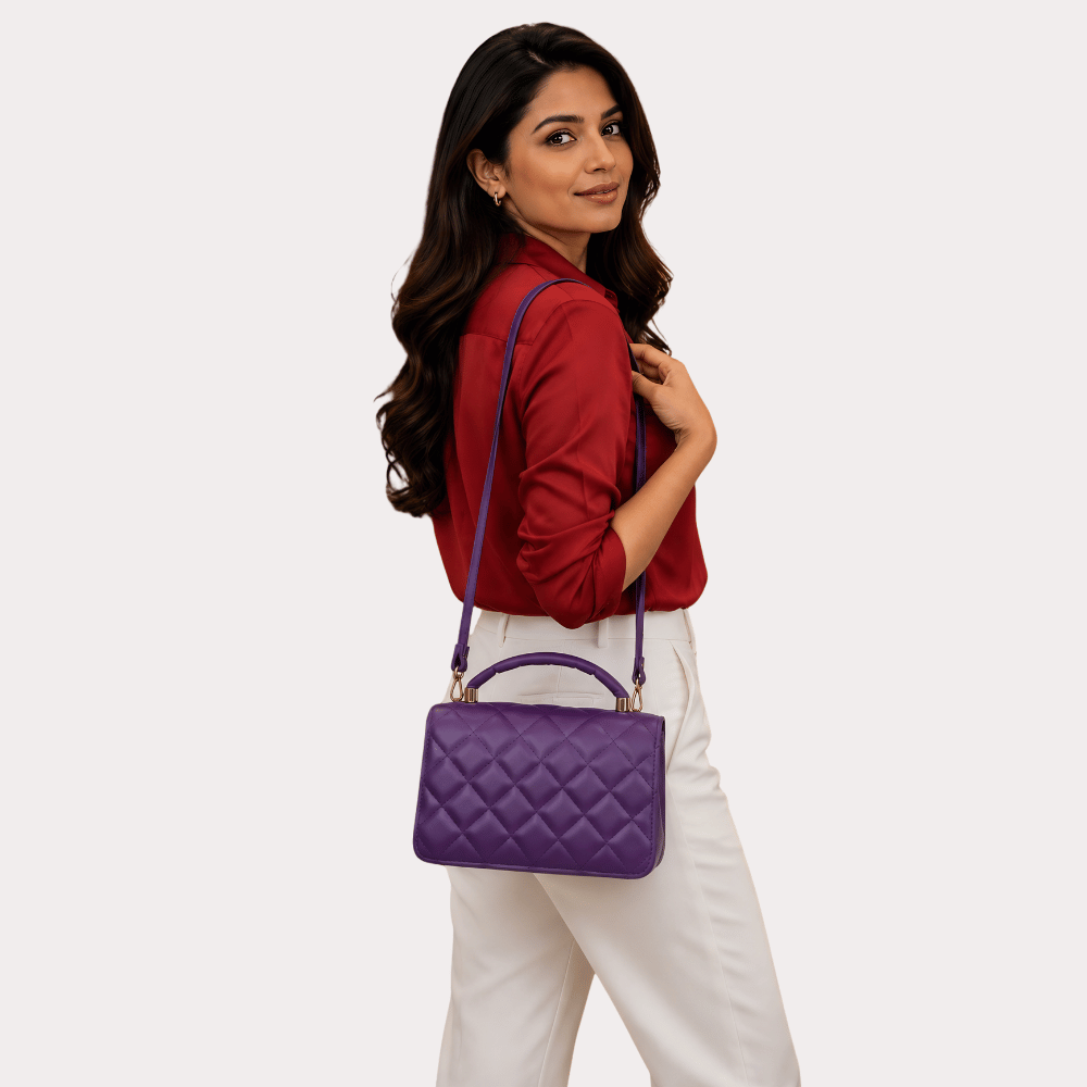 Women's Amethyst Purple Quilted Handbag, Stylish Amethyst Purse - Apparel - close-up detail view | Snazzyway