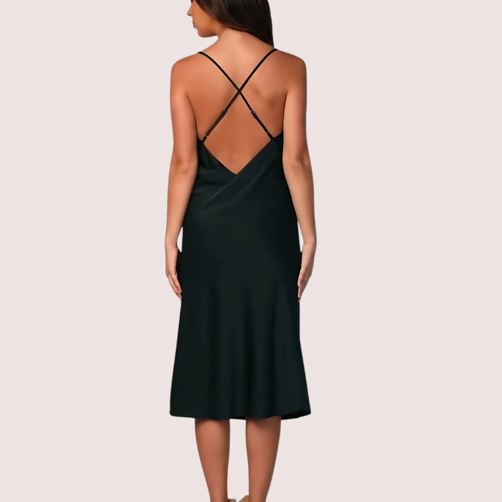 Women's Navy Blue Satin Dress, Chic Navy Evening Wear - Apparel - close-up detail view | Snazzyway