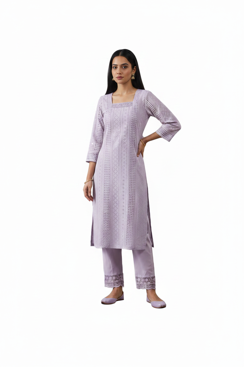 Women’s Hakooba Co-Ord Set - Lavender Indian Ethnic Wear - front view | Villows DTrendz
