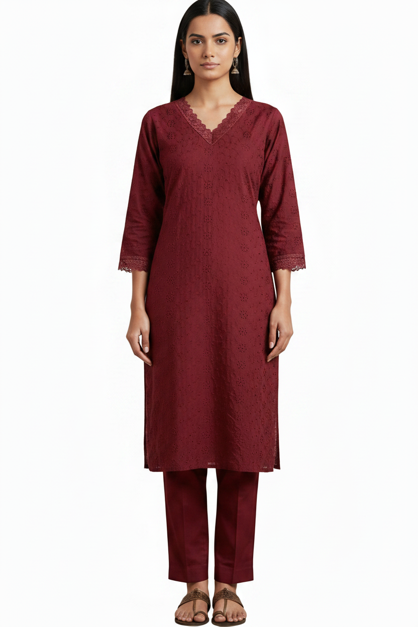 Women’s Hakooba Co-Ord Set - Maroon Indian Ethnic Wear - front view | Villows DTrendz