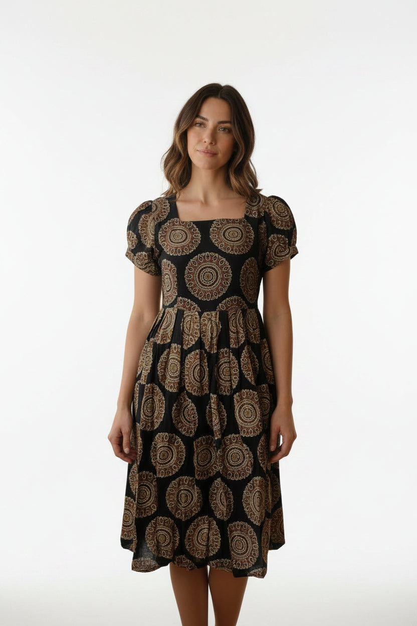 Women’s Black Hand-Painted Kalamkari Midi Dress Handcrafted Frock Gown & Kurti - Indian Ethnic Wear - front view | Villows DTrendz