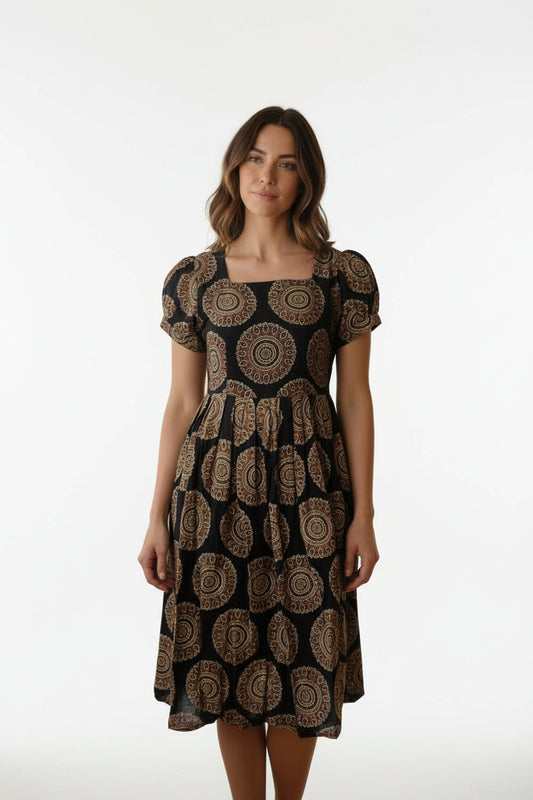 Women’s Black Hand-Painted Kalamkari Midi Dress Handcrafted Frock Gown & Kurti - Indian Ethnic Wear - front view | Villows DTrendz