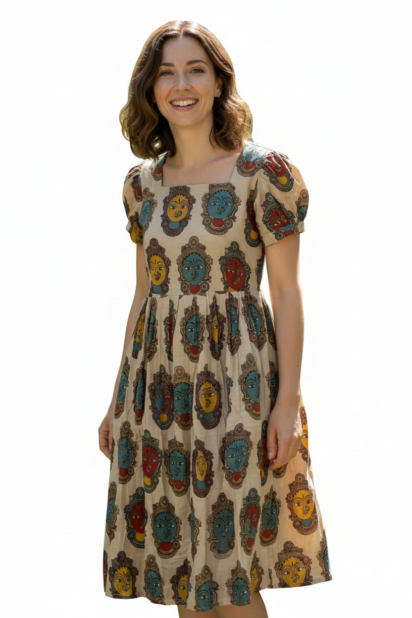 Women’s Half Sandal Hand-Painted Kalamkari Midi Dress Handcrafted Frock Gown & Kurti - Indian Ethnic Wear - front view | Villows DTrendz