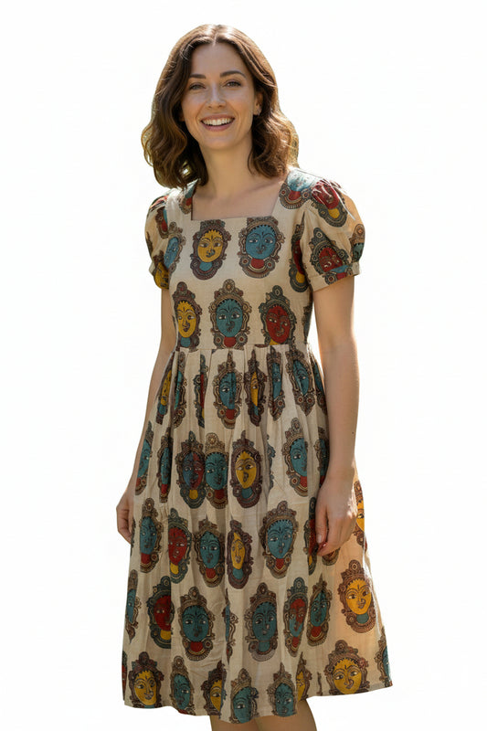 Women’s Half Sandal Hand-Painted Kalamkari Midi Dress Handcrafted Frock Gown & Kurti - Indian Ethnic Wear - front view | Villows DTrendz