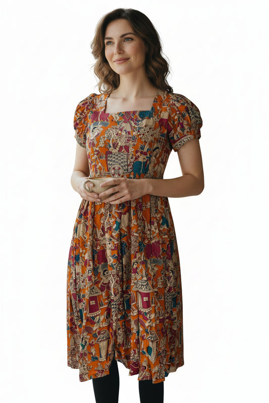 Women’s Orange Hand-Painted Kalamkari Midi Dress Handcrafted Frock Gown & Kurti - Indian Ethnic Wear - front view | Villows DTrendz