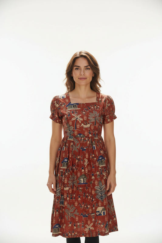 Women’s Red Hand-Painted Kalamkari Midi Dress Handcrafted Frock Gown & Kurti - Indian Ethnic Wear - front view | Villows DTrendz