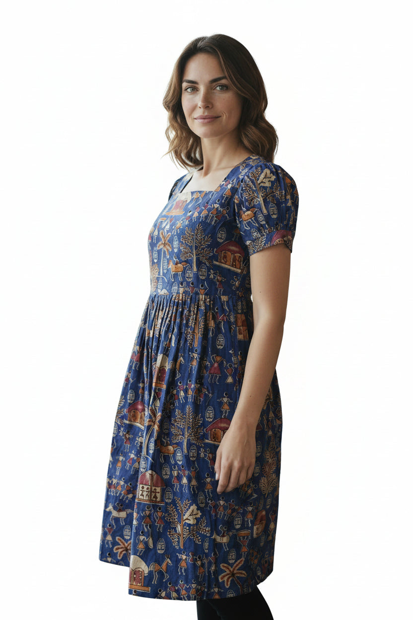 Women’s Blue Hand-Painted Kalamkari Midi Dress Handcrafted Frock Gown & Kurti - Indian Ethnic Wear - front view | Villows DTrendz