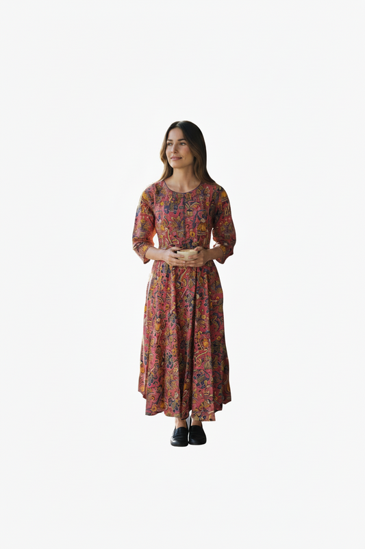Women’s Pink Hand-Painted Kalamkari Midi Dress Handcrafted Frock Gown & Kurti - Indian Ethnic Wear - front view | Villows DTrendz