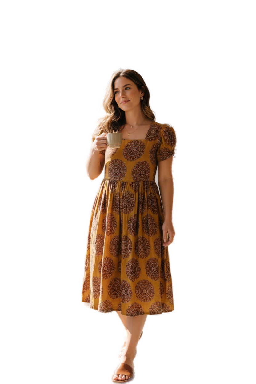 Women’s Yellow Hand-Painted Kalamkari Midi Dress Handcrafted Frock Gown & Kurti - Indian Ethnic Wear - front view | Villows DTrendz