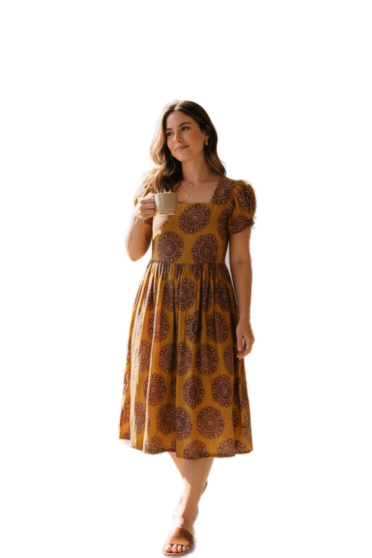 Women’s Yellow Hand-Painted Kalamkari Midi Dress Handcrafted Frock Gown & Kurti - Indian Ethnic Wear - front view | Villows DTrendz
