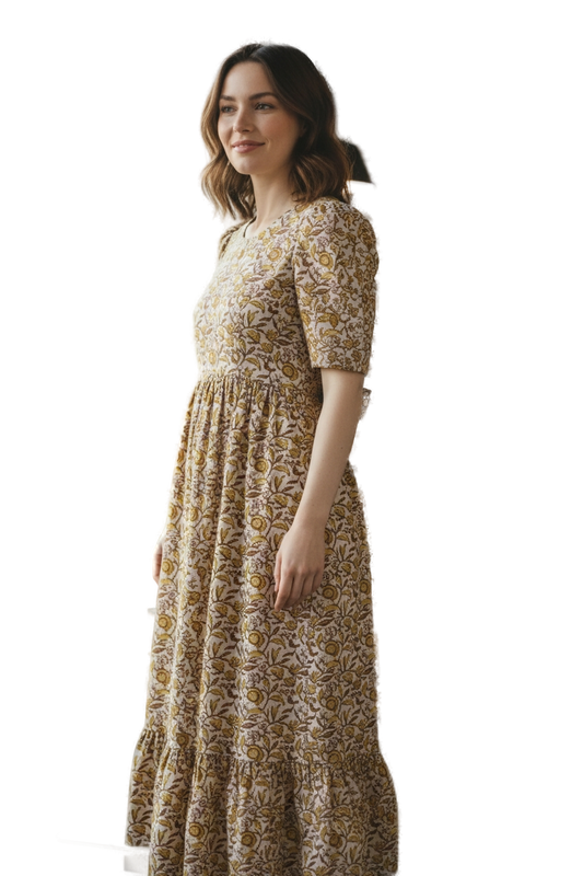 Women’s Half Sandal Hand-Painted Kalamkari Midi Dress Handcrafted Frock Gown & Kurti - Indian Ethnic Wear - front view | Villows DTrendz