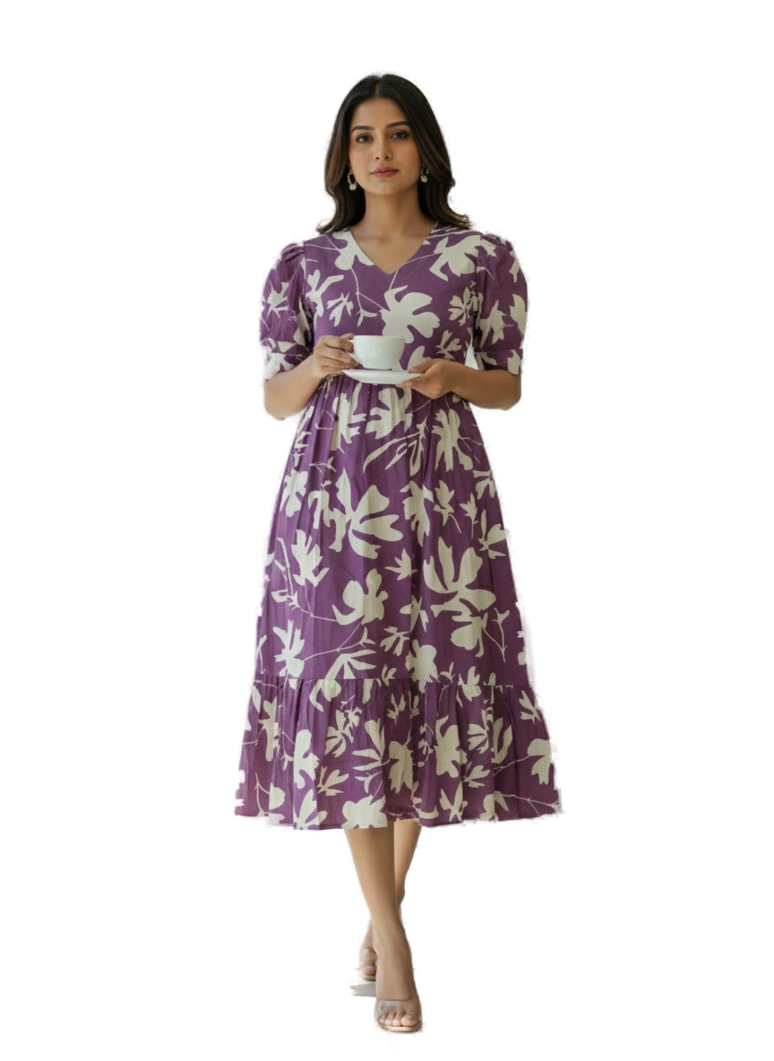Women’s Lavender Hand-Painted Kalamkari Midi Dress Handcrafted Frock Gown & Kurti - Indian Ethnic Wear - front view | Villows DTrendz