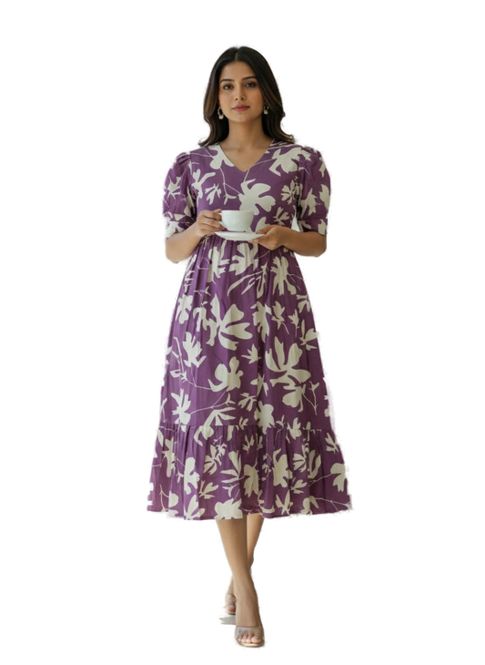 Women’s Lavender Hand-Painted Kalamkari Midi Dress Handcrafted Frock Gown & Kurti - Indian Ethnic Wear - front view | Villows DTrendz