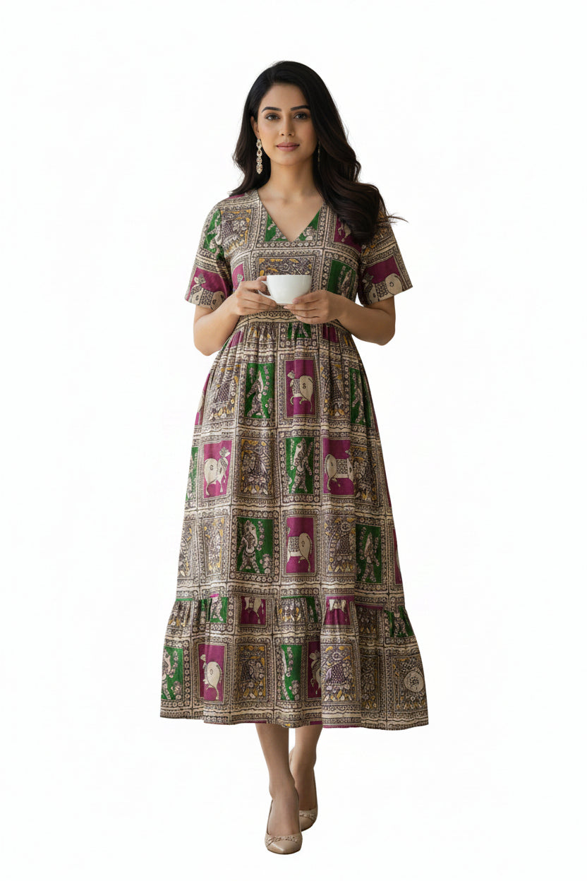 Women’s Multi Colour Hand-Painted Kalamkari Midi Dress Handcrafted Frock Gown & Kurti - Indian Ethnic Wear - front view | Villows DTrendz