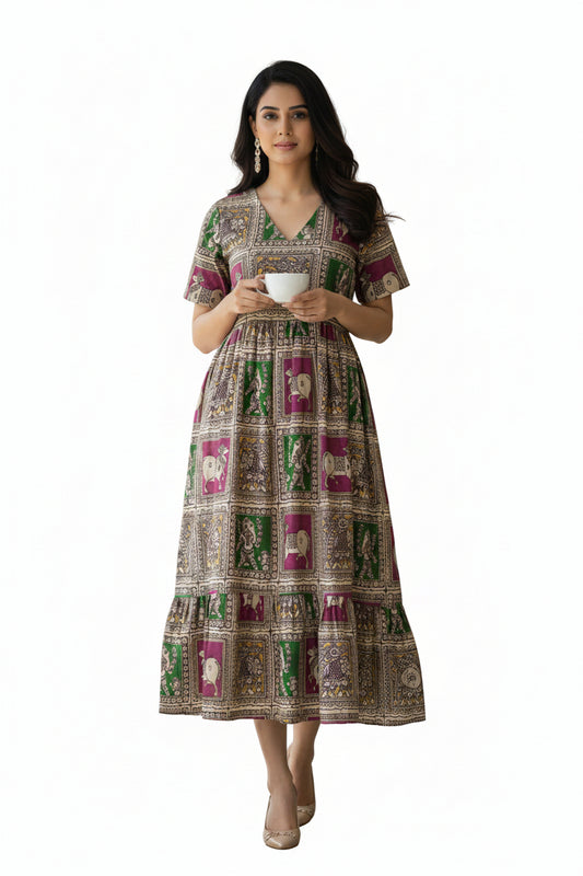 Women’s Multi Colour Hand-Painted Kalamkari Midi Dress Handcrafted Frock Gown & Kurti - Indian Ethnic Wear - front view | Villows DTrendz