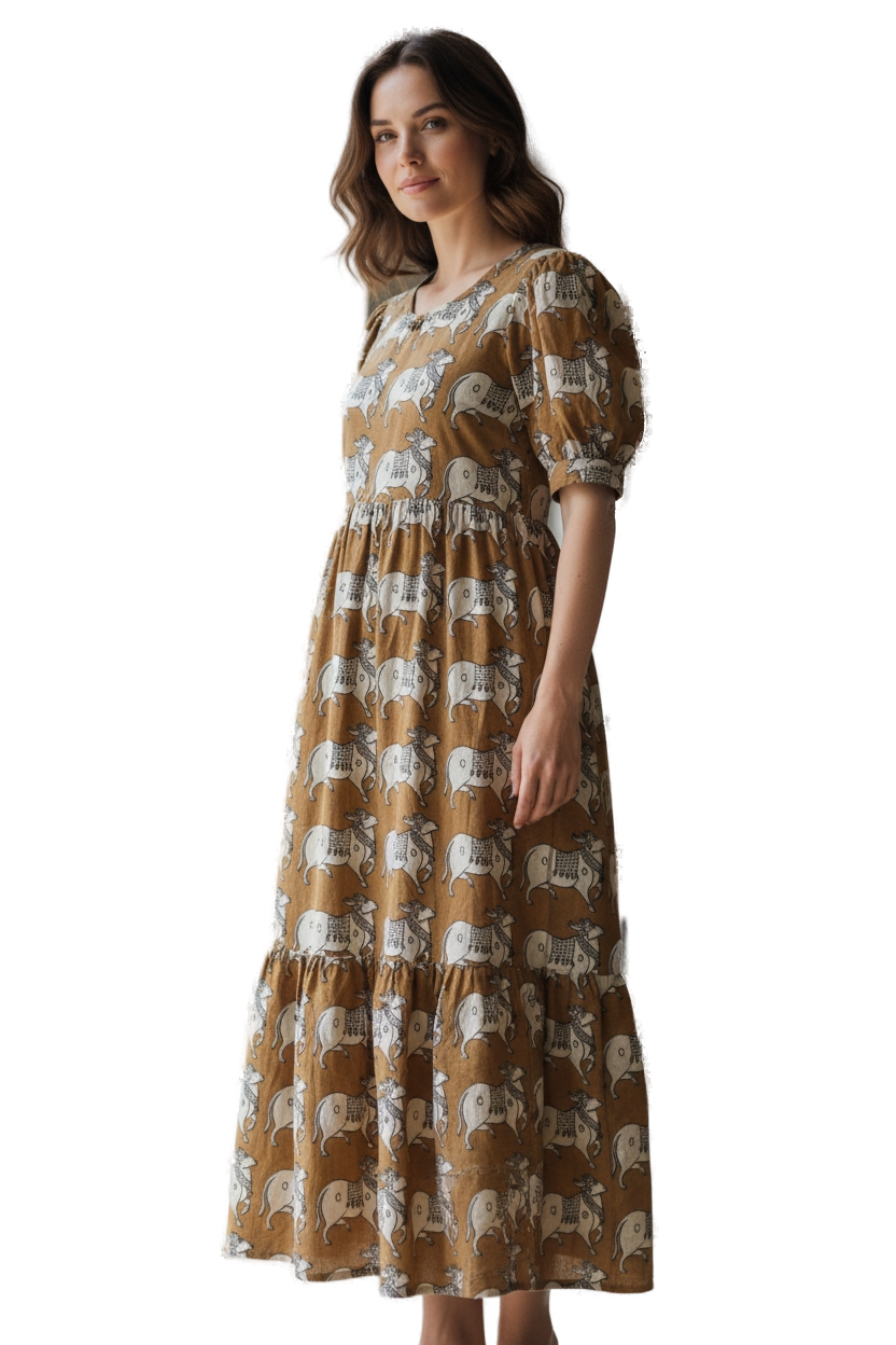 Women’s Mustard Yellow Hand-Painted Kalamkari Midi Dress Handcrafted Frock Gown & Kurti - Indian Ethnic Wear - front view | Villows DTrendz