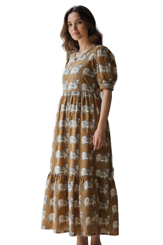 Women’s Mustard Yellow Hand-Painted Kalamkari Midi Dress Handcrafted Frock Gown & Kurti - Indian Ethnic Wear - front view | Villows DTrendz