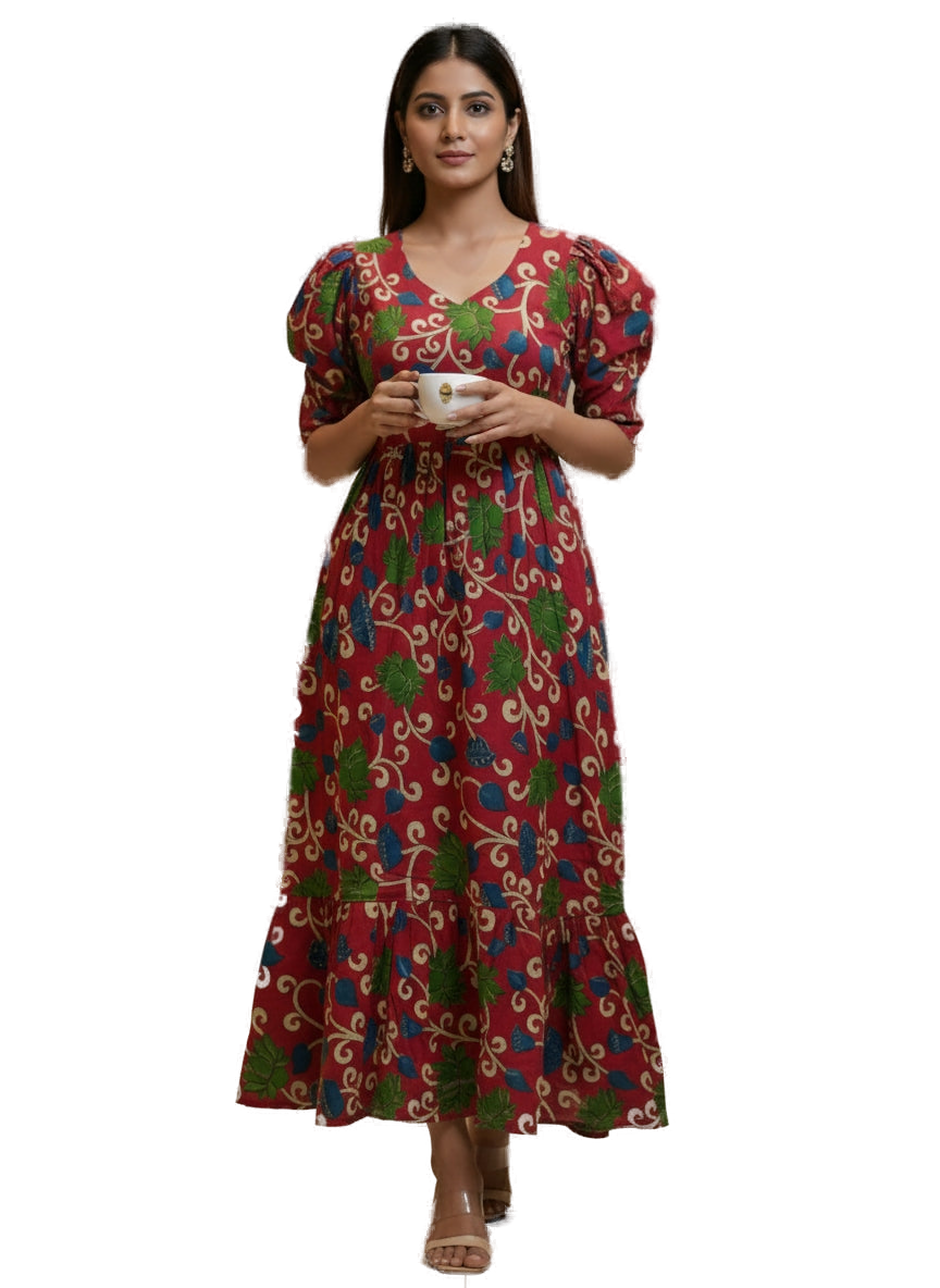 Women’s Red Hand-Painted Kalamkari Midi Dress Handcrafted Frock Gown & Kurti - Indian Ethnic Wear - front view | Villows DTrendz