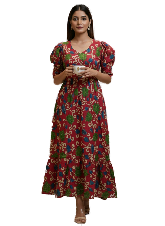 Women’s Red Hand-Painted Kalamkari Midi Dress Handcrafted Frock Gown & Kurti - Indian Ethnic Wear - front view | Villows DTrendz