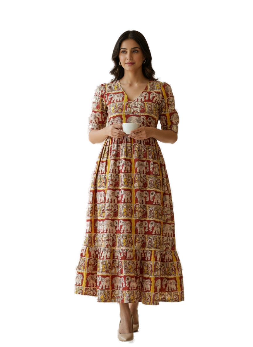 Women’s Red with Yellow Hand-Painted Kalamkari Midi Dress Handcrafted Frock Gown & Kurti - Indian Ethnic Wear - front view | Villows DTrendz