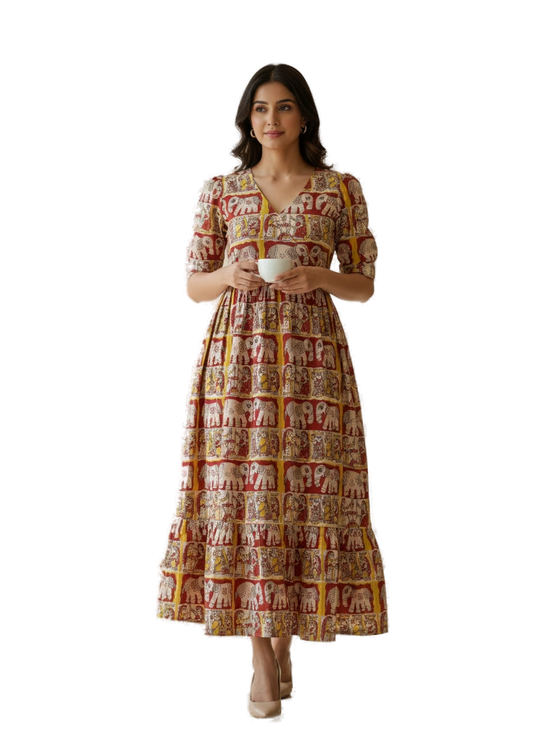 Women’s Red with Yellow Hand-Painted Kalamkari Midi Dress Handcrafted Frock Gown & Kurti - Indian Ethnic Wear - front view | Villows DTrendz