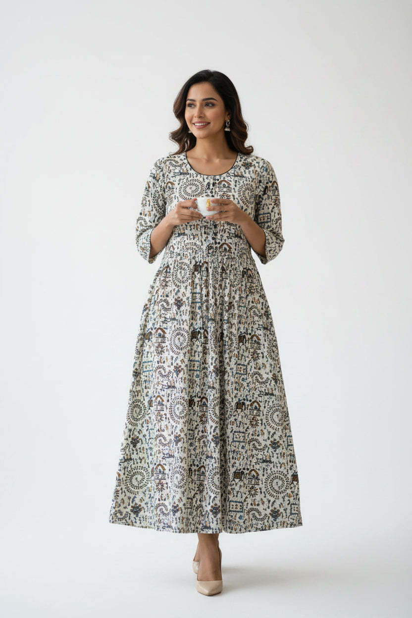 Women’s White Hand-Painted Kalamkari Midi Dress Handcrafted Frock Gown & Kurti - Indian Ethnic Wear - front view | Villows DTrendz