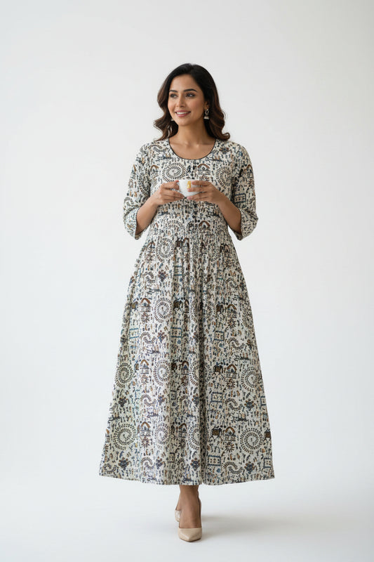 Women’s White Hand-Painted Kalamkari Midi Dress Handcrafted Frock Gown & Kurti - Indian Ethnic Wear - front view | Villows DTrendz