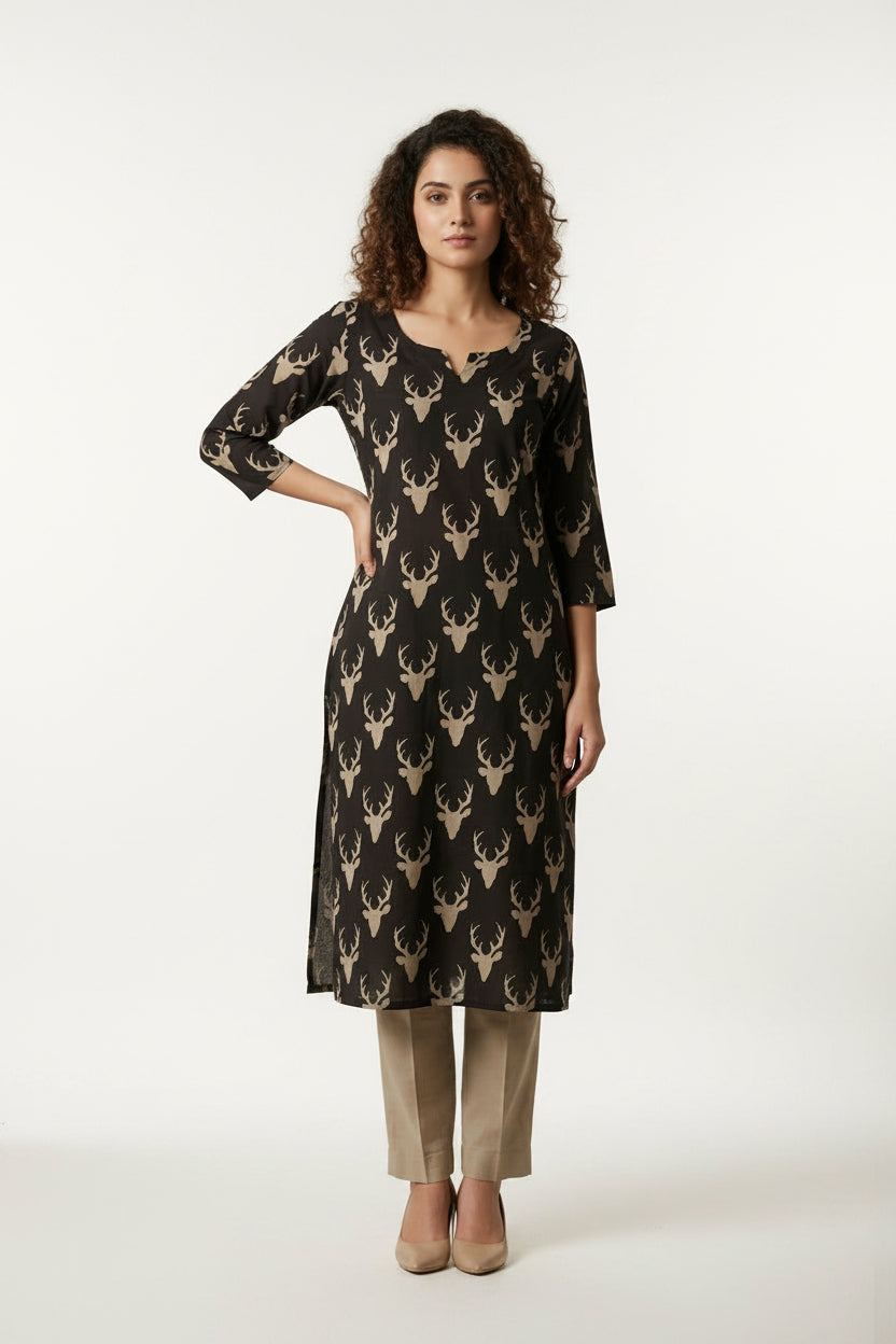 Women’s Black Hand-Painted Kalamkari Midi Dress Handcrafted Frock Gown & Kurti - Indian Ethnic Wear - front view | Villows DTrendz