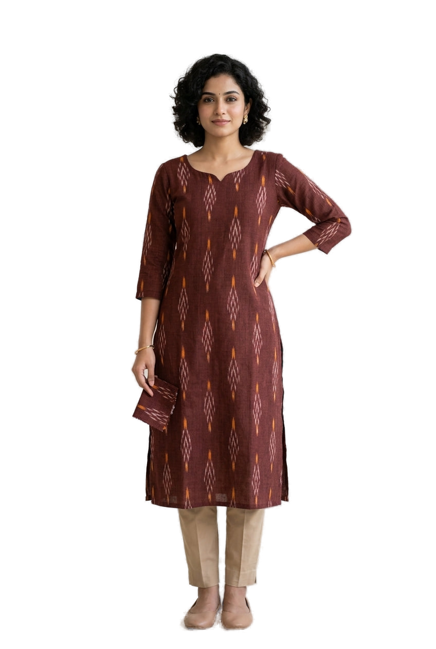 Women’s Maroon Hand-Painted Kalamkari Midi Dress Handcrafted Frock Gown & Kurti - Indian Ethnic Wear - front view | Villows DTrendz