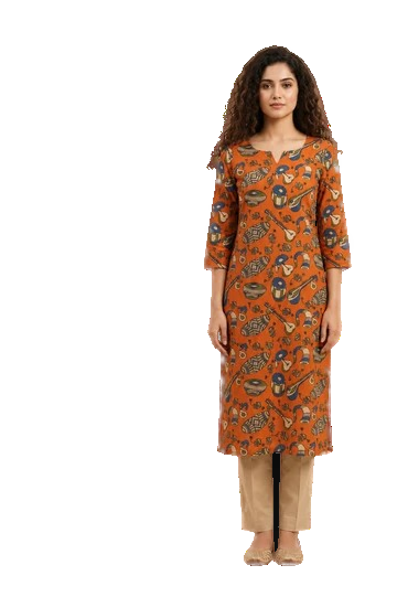 Women’s Orange Hand-Painted Kalamkari Midi Dress Handcrafted Frock Gown & Kurti - Indian Ethnic Wear - front view | Villows DTrendz