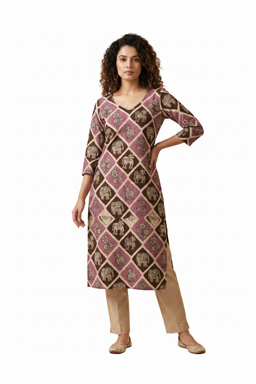 Women’s Purple Hand-Painted Kalamkari Midi Dress Handcrafted Frock Gown & Kurti - Indian Ethnic Wear - front view | Villows DTrendz