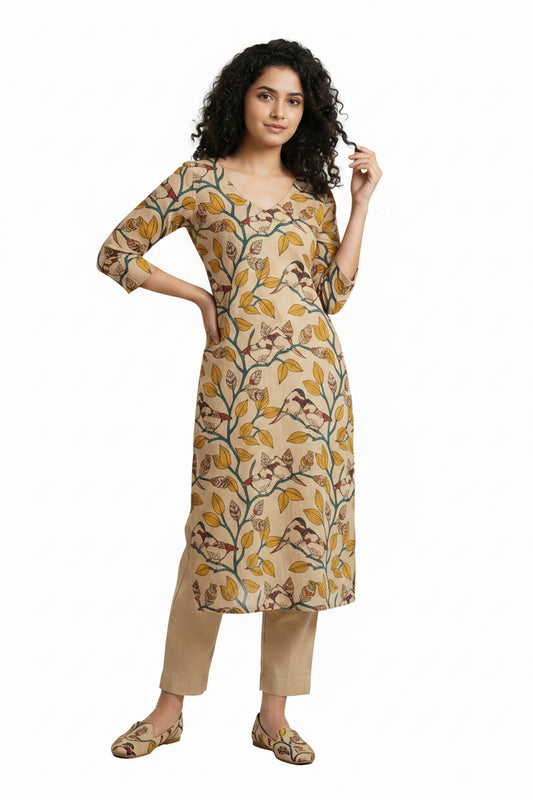 Women’s Sandal Hand-Painted Kalamkari Midi Dress Handcrafted Frock Gown & Kurti - Indian Ethnic Wear - front view | Villows DTrendz