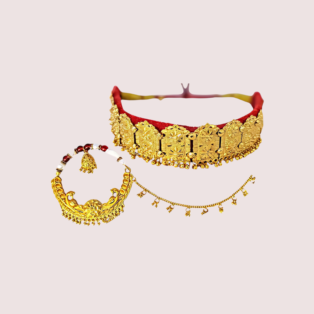 Women's Golden Gold-Plated Nose Ring, Opulent Golden Bridal Nath - Apparel - back view | Snazzyway