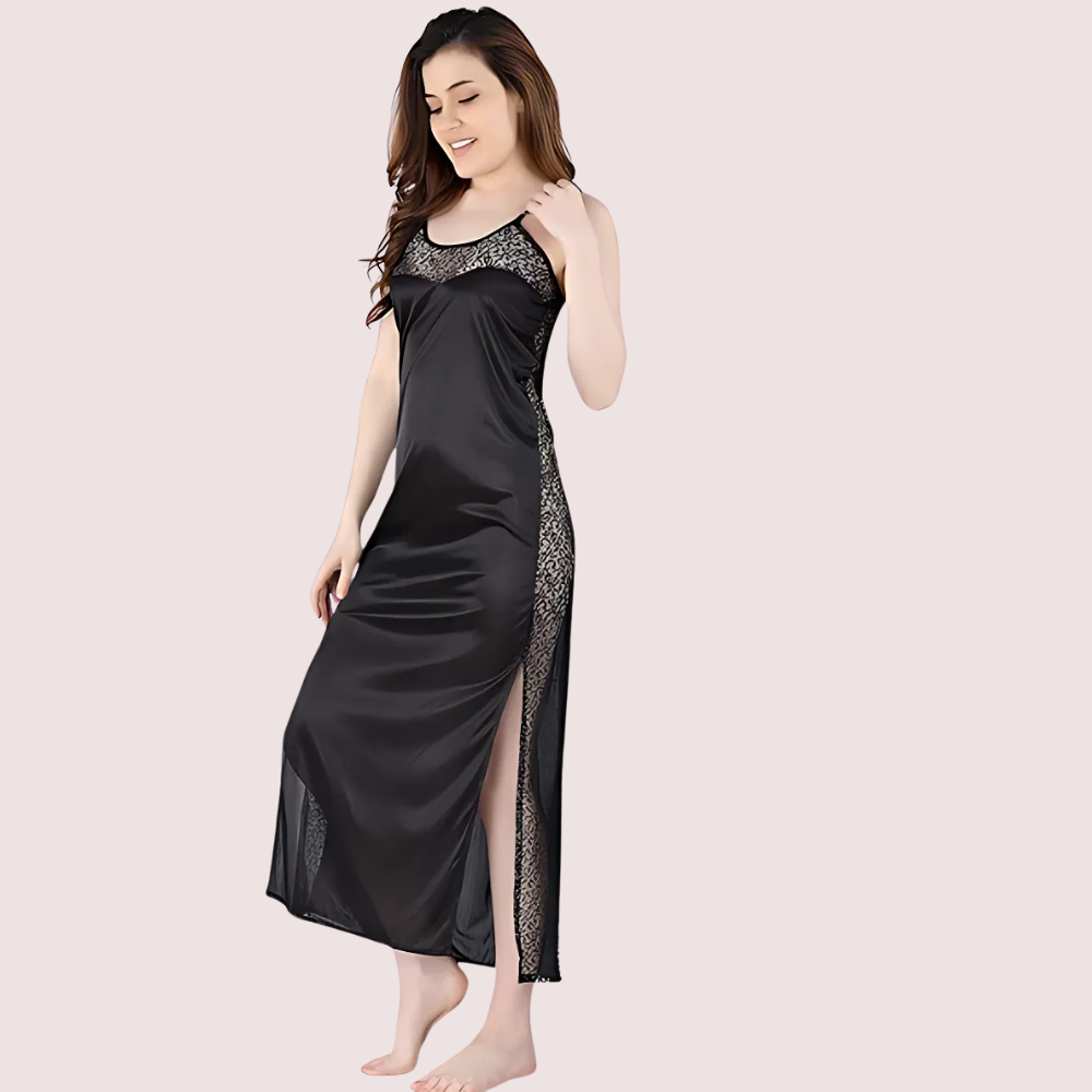 Women's Dark Black Lace Nightgown, Chic Dark Sleepwear - Apparel - close-up detail view | Snazzyway