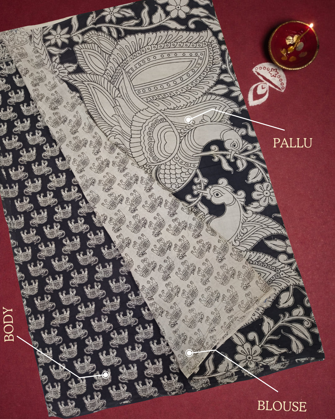 Kalamkari Handcrafted Saree - Black - Indian Ethnic Wear - close-up detail view | Villows DTrendz