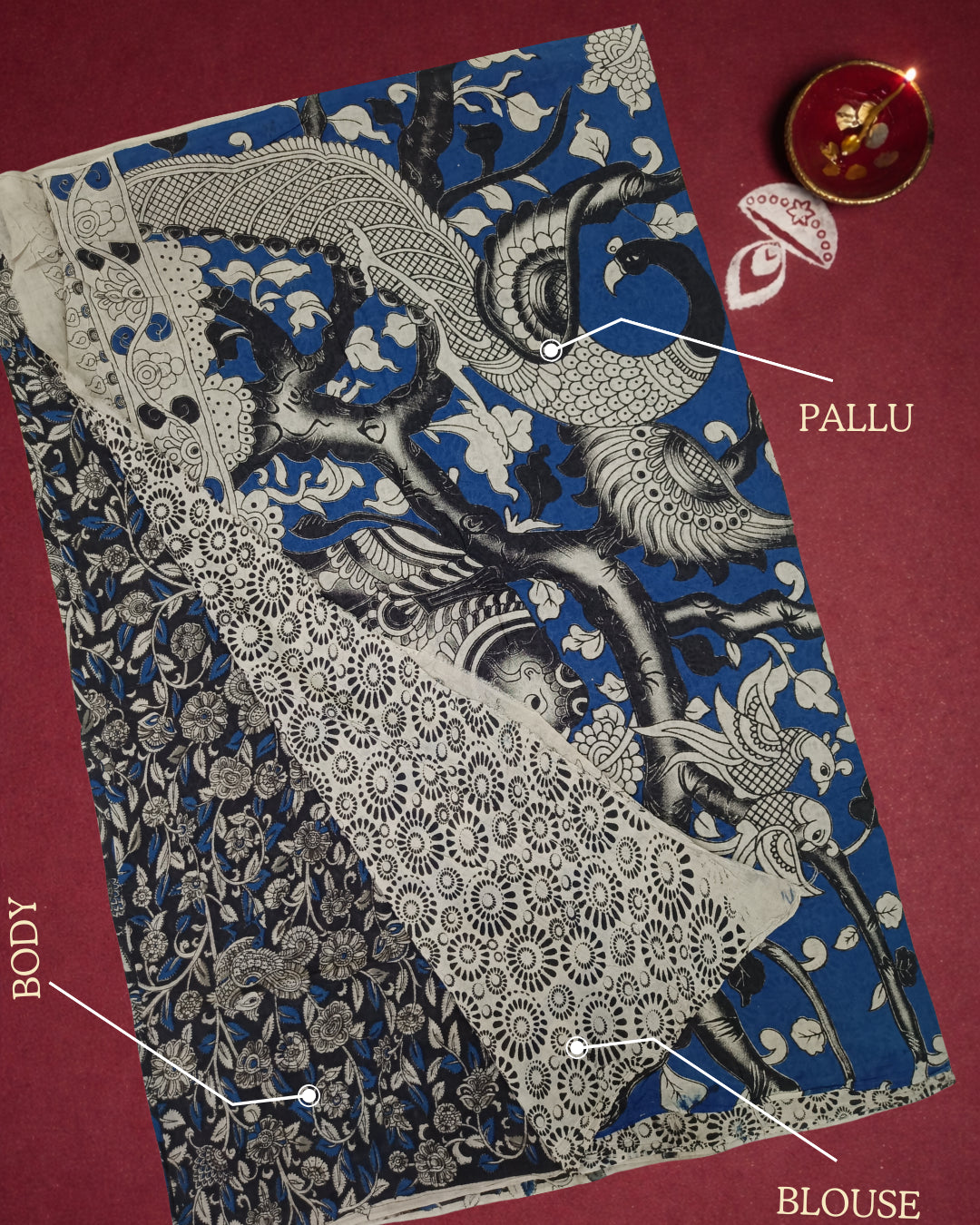 Kalamkari Handcrafted Saree - Blue - Indian Ethnic Wear - close-up detail view | Villows DTrendz