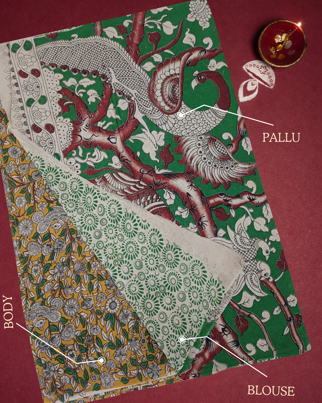 Kalamkari Handcrafted Saree - Green - Indian Ethnic Wear - close-up detail view | Villows DTrendz