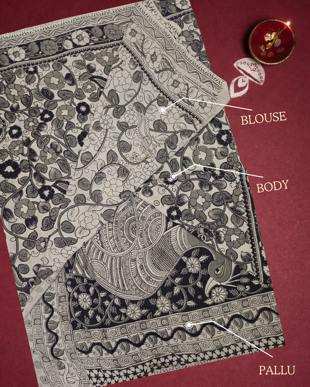Kalamkari Handcrafted Saree - Grey - Indian Ethnic Wear - close-up detail view | Villows DTrendz