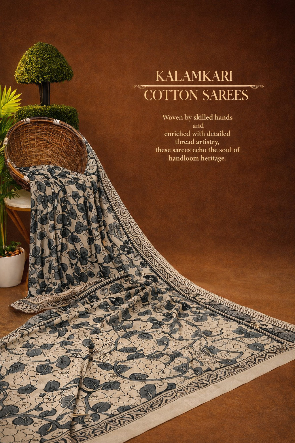 Kalamkari Handcrafted Saree - Grey - Indian Ethnic Wear - back view | Villows DTrendz
