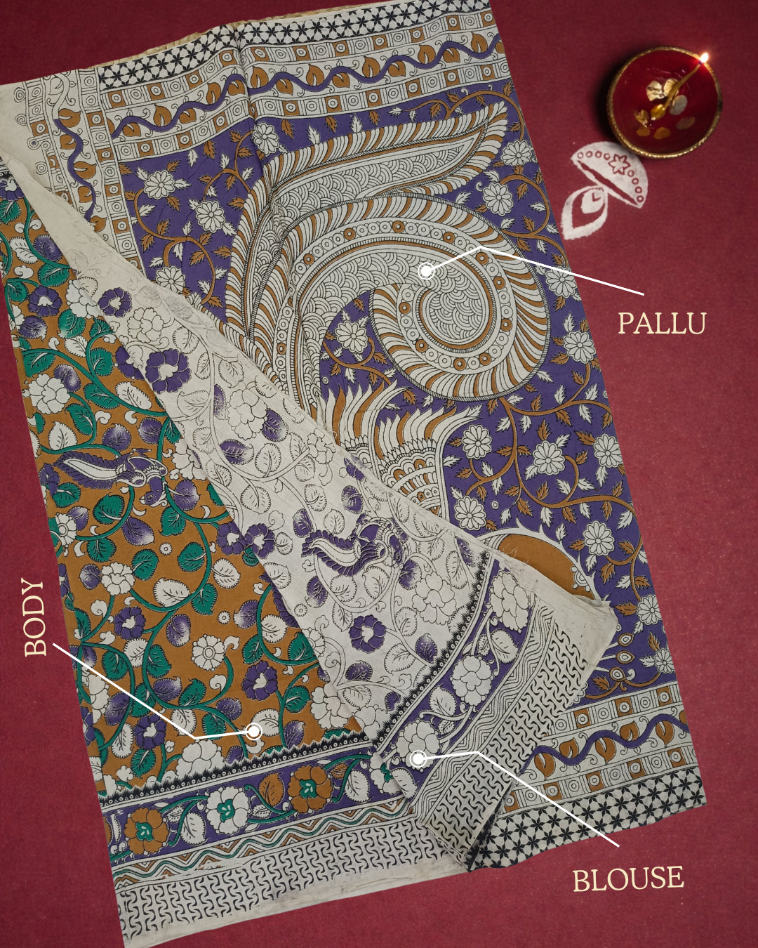 Kalamkari Handcrafted Saree - Lavender - Indian Ethnic Wear - close-up detail view | Villows DTrendz