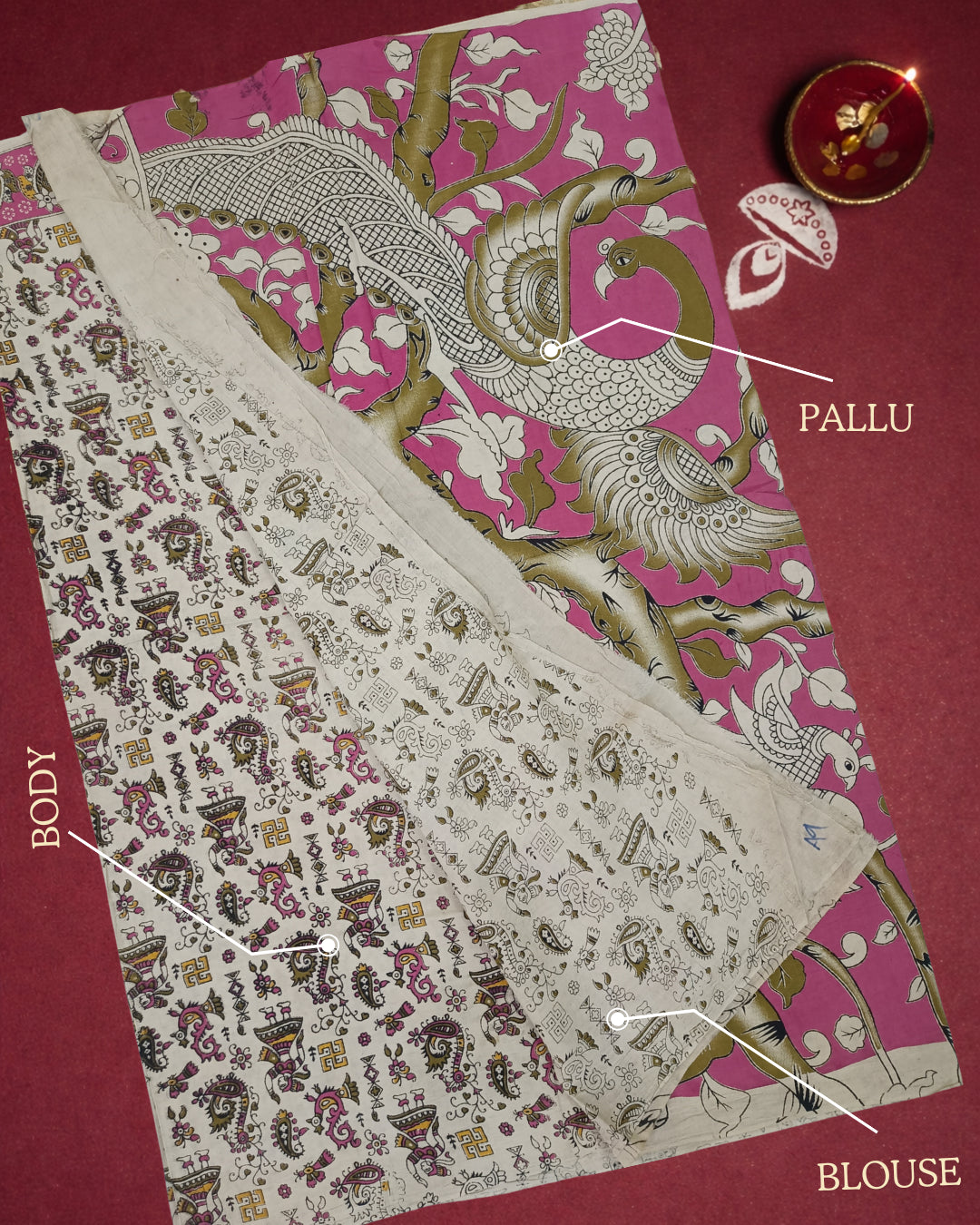 Kalamkari Handcrafted Saree - Pink - Indian Ethnic Wear - close-up detail view | Villows DTrendz